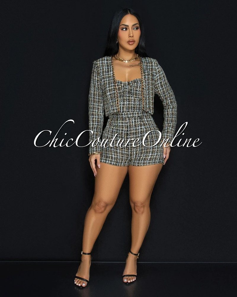 Marcelley Black White Gold Link Tweed Romper w Jacket Set