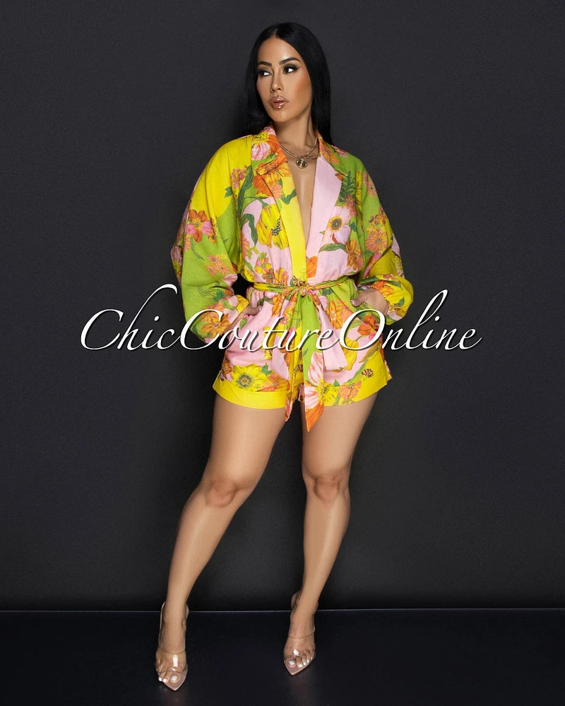 Nikota Yellow Green Floral Bubble Sleeves Romper