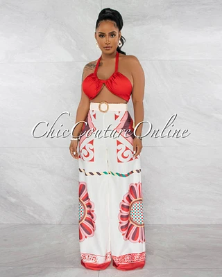 *Vonna Orange Crop Top & Boho Buckle Belt Printed Pants Set