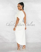 Shyla Beige Draped Front Single Shoulder Midi Dress