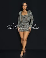 Marcelley Black White Gold Link Tweed Romper w Jacket Set