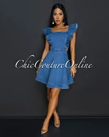 Adelina Blue Denim Cut Out Ruffle Dress