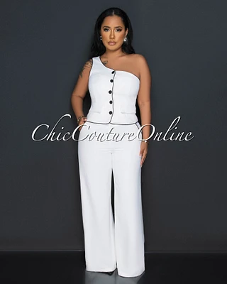 Marcia White Black Trim Single Shoulder Vest & Pants Set