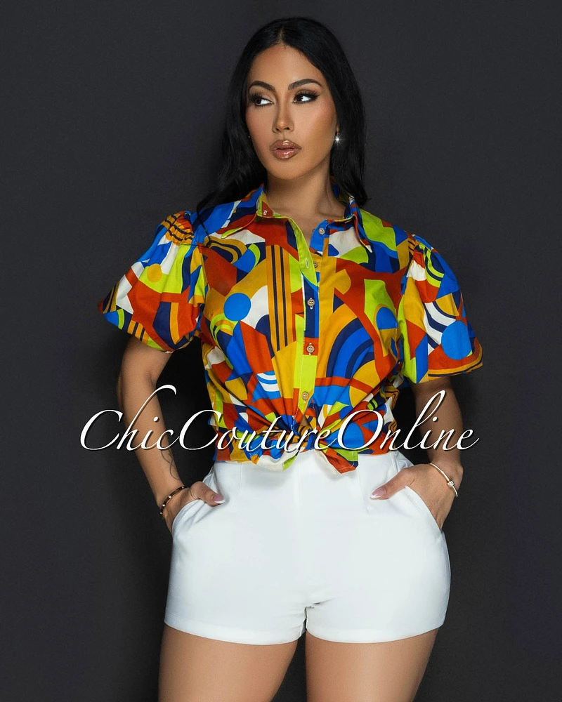 Panya Blue Multi Bubble Sleeves Blouse