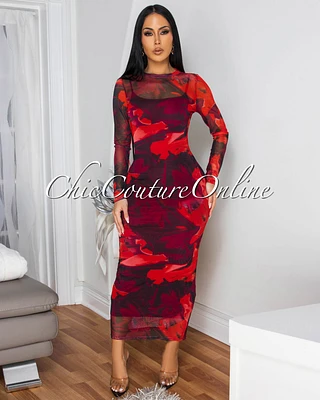 Loula Red Floral Print Mesh Long Sleeves Dress