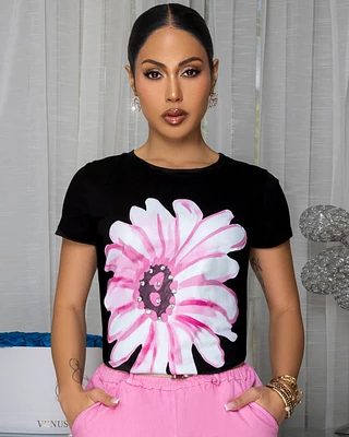 Sunflower Pink Print Black T-Shirt