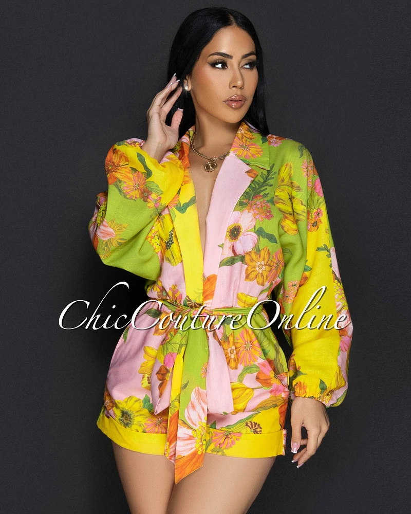 Nikota Yellow Green Floral Bubble Sleeves Romper