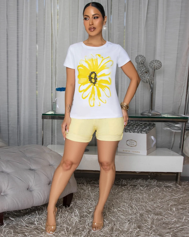 Sunflower Yellow Print Off-White T-Shirt