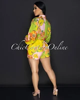 Nikota Yellow Green Floral Bubble Sleeves Romper