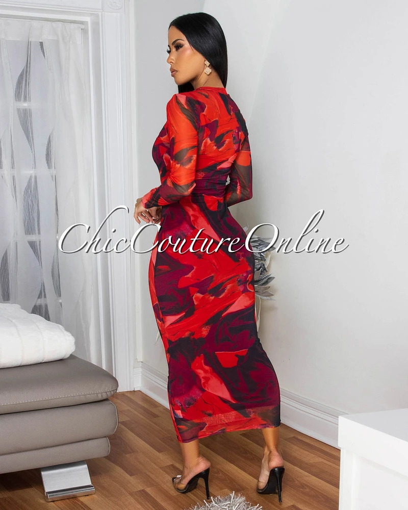 Loula Red Floral Print Mesh Long Sleeves Dress