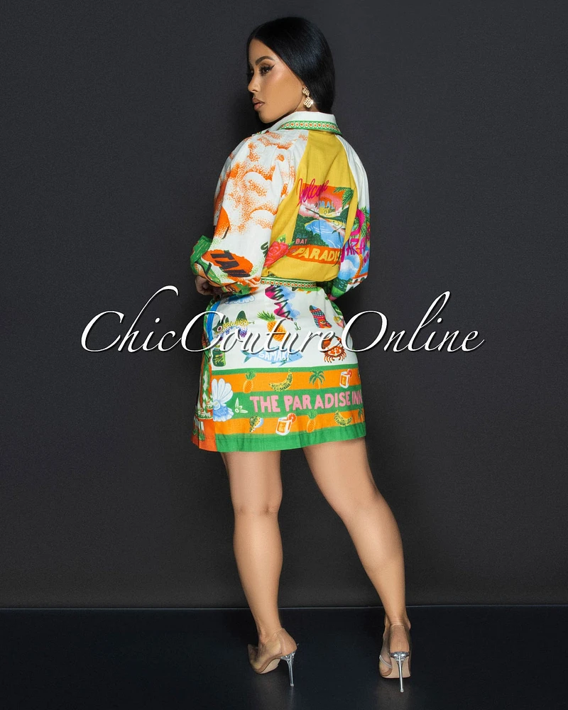 Quira Cream Multi Tropical Mini Dress