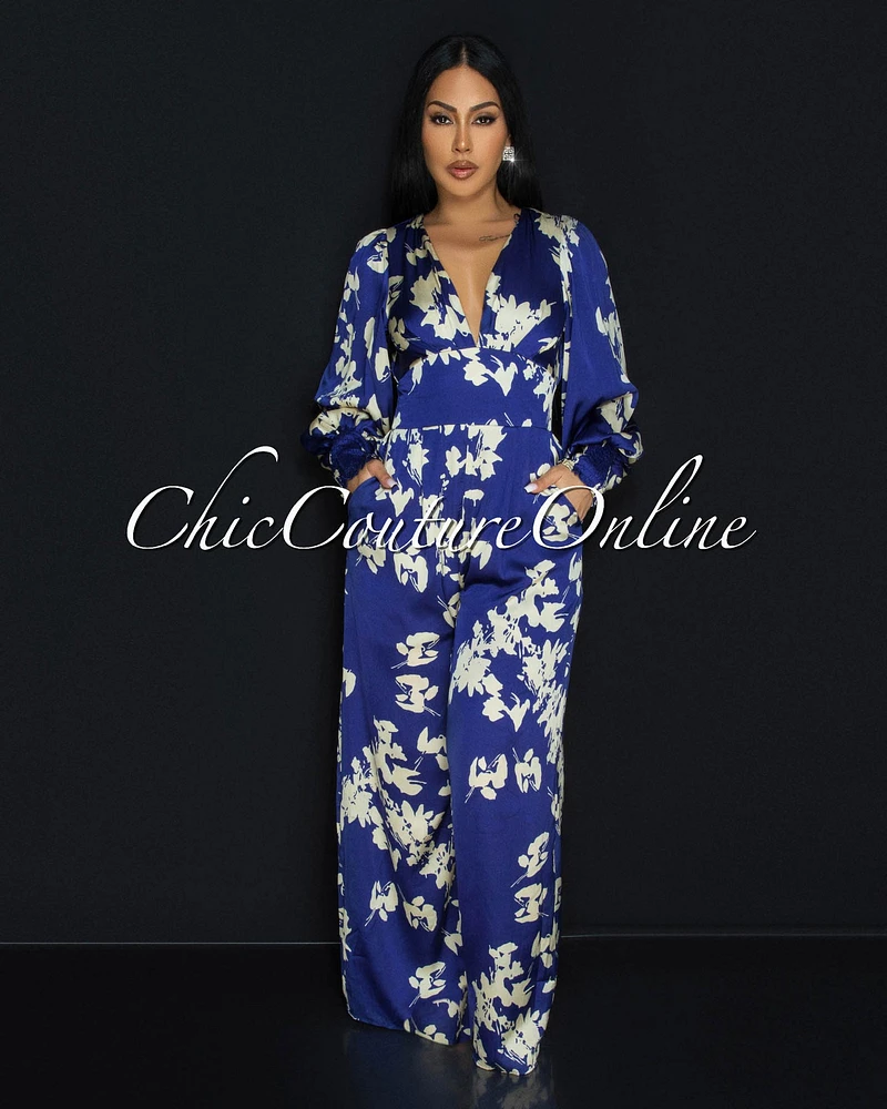 Foxxy Blue Cream Floral Silky Wide Legs Jumpsuit