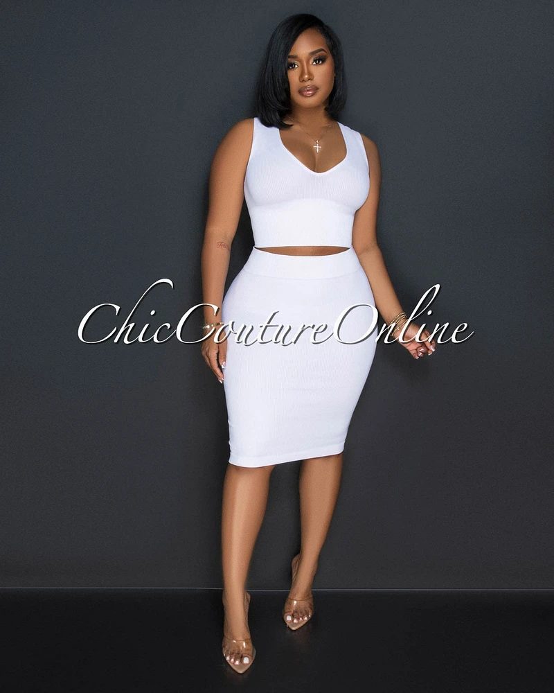 Ebanks White Ribbed SCULPTING Crop Top & Skirt Set