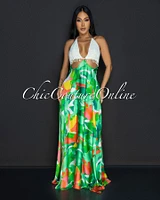 Moa Green Orange Halter Crochet Flared Maxi Dress