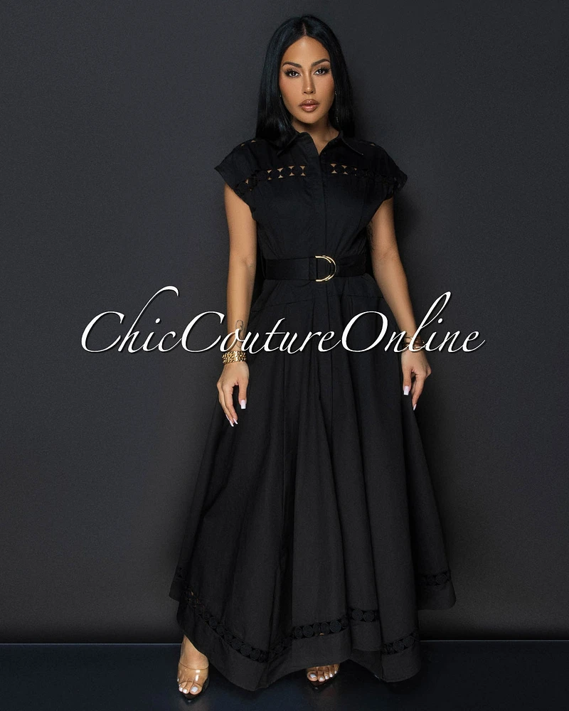 Helena Black Belted Luxe Maxi Dress