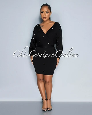 Shira Black Pearl Embellished Knit Sweater Dress