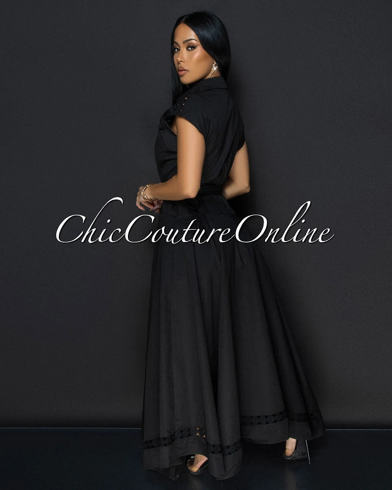 Helena Black Belted Luxe Maxi Dress