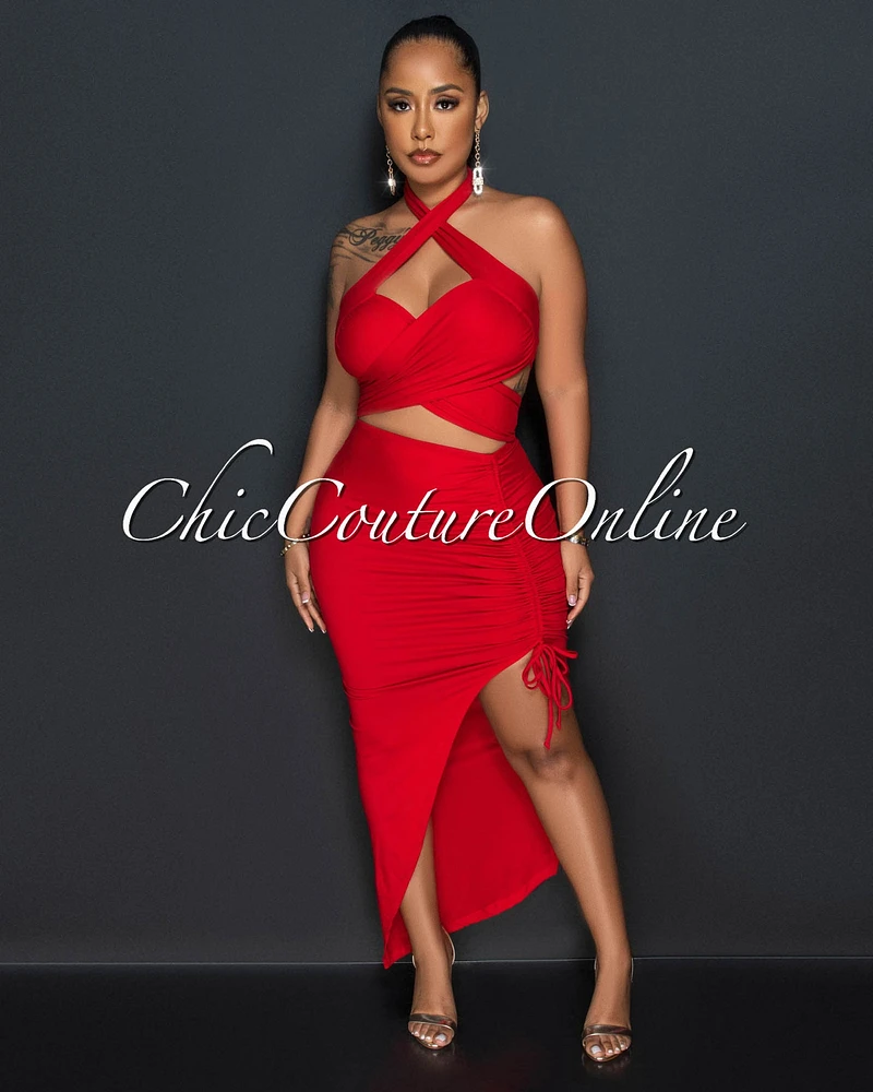 Reeda Red Crop Top & Ruched Slit Skirt Set