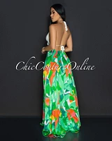 Moa Green Orange Halter Crochet Flared Maxi Dress