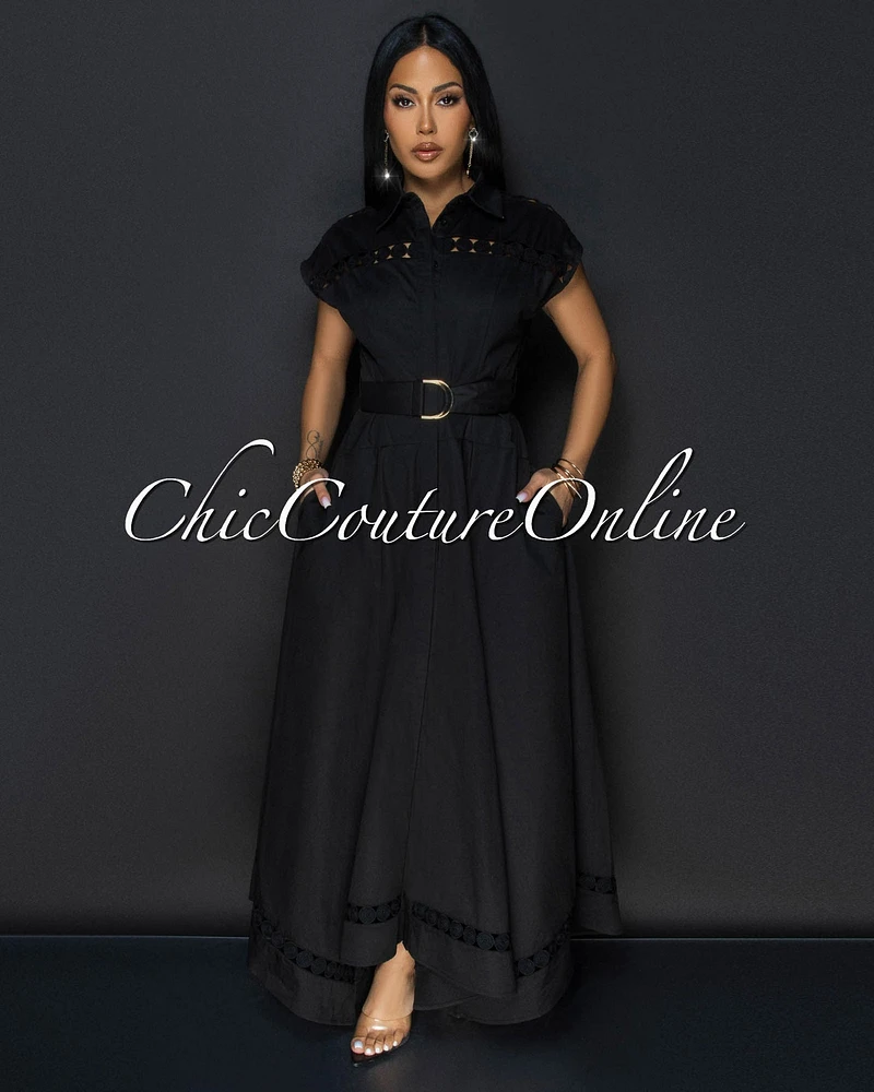 Helena Black Belted Luxe Maxi Dress