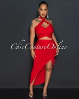 Reeda Red Crop Top & Ruched Slit Skirt Set