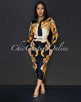 Jenny Black Yellow Gold Print Midi Dress