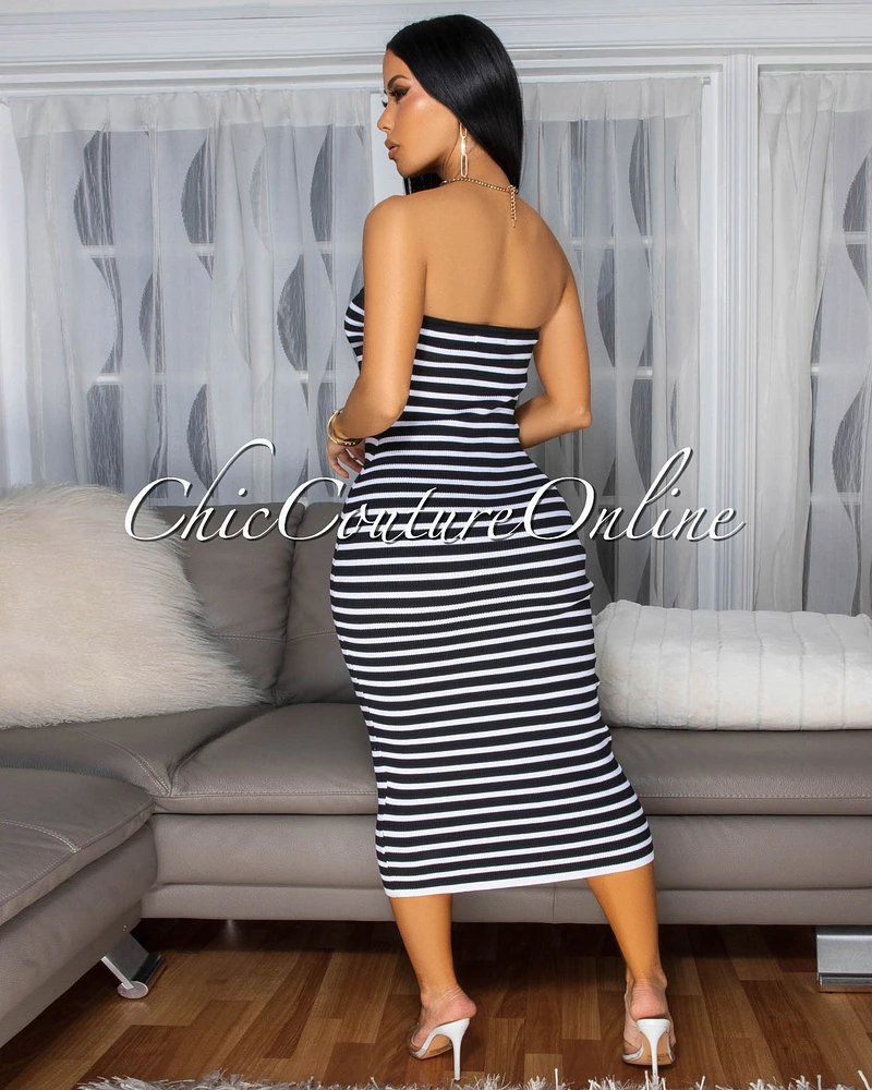 Baylen White Stripes Knit Strapless Dress