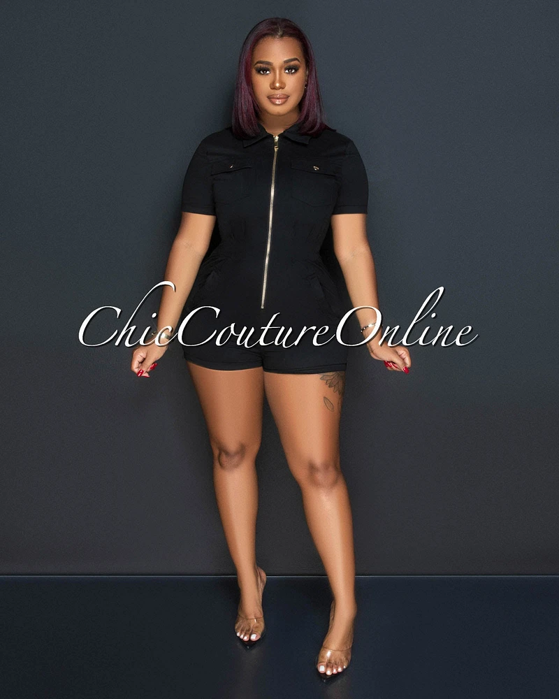 Jenna Black Gold Zipper Utility Romper