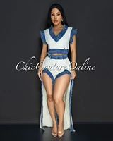 Sophina Cream Denim Trim Slit Legs Pants Set