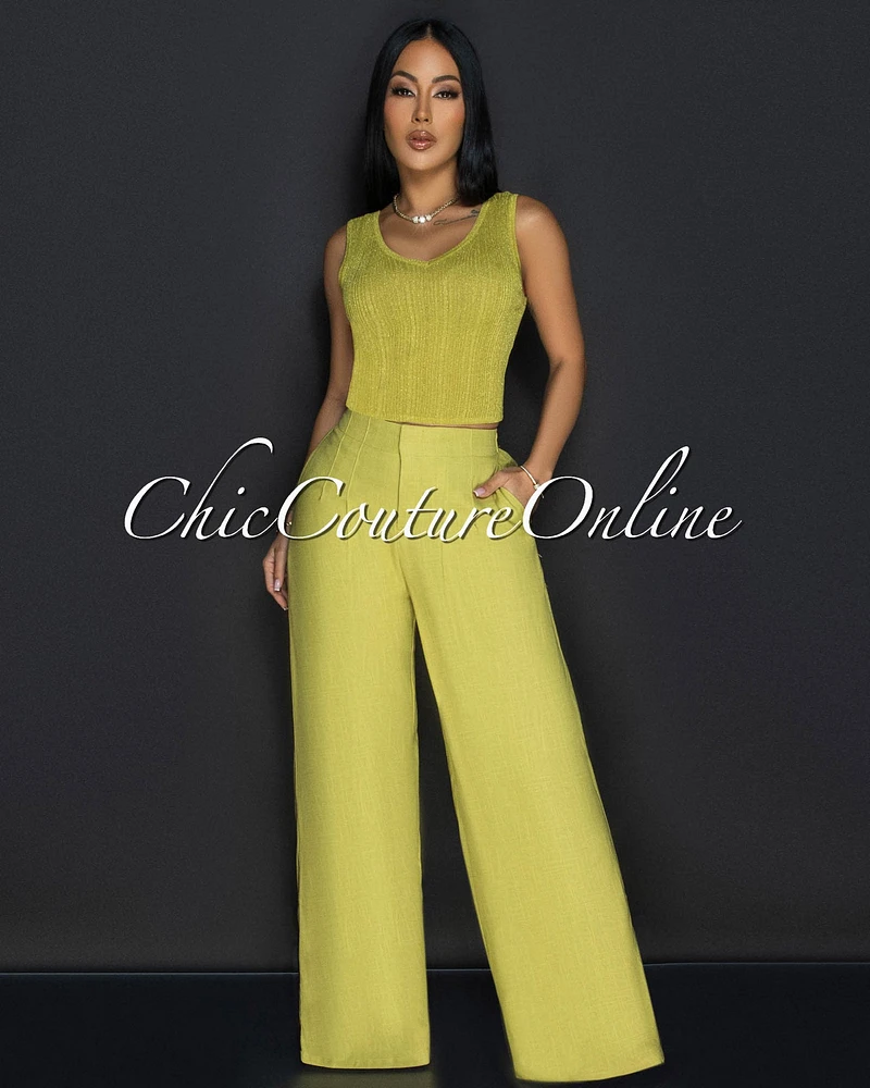 Navita Lime Knit Crop Top & Linen Pants Set