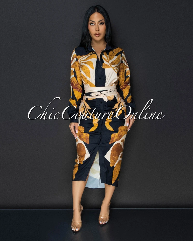 Jenny Black Yellow Gold Print Midi Dress