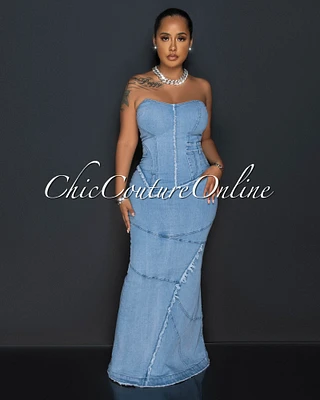 Espina Light Denim Back Lace-Up Maxi Dress