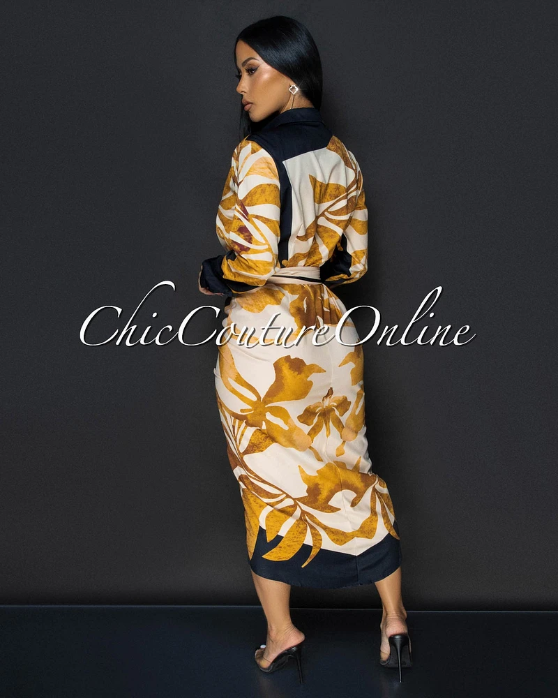 Jenny Black Yellow Gold Print Midi Dress