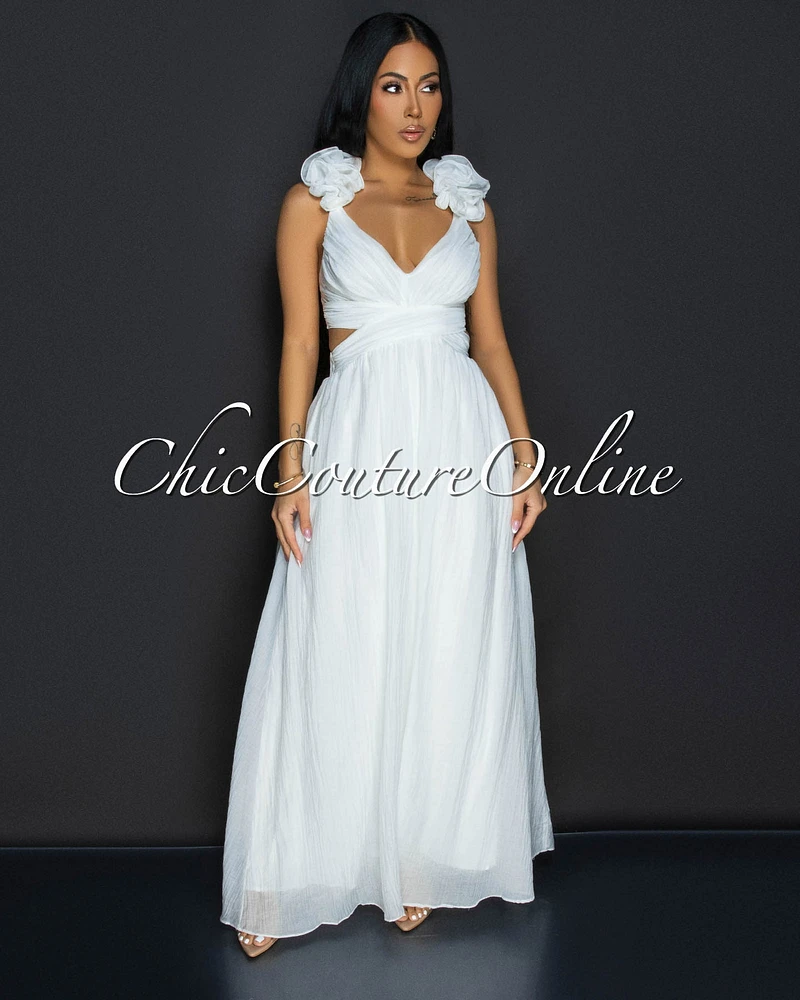 Cianna White Ruffle Lace-Up Back Maxi Dress