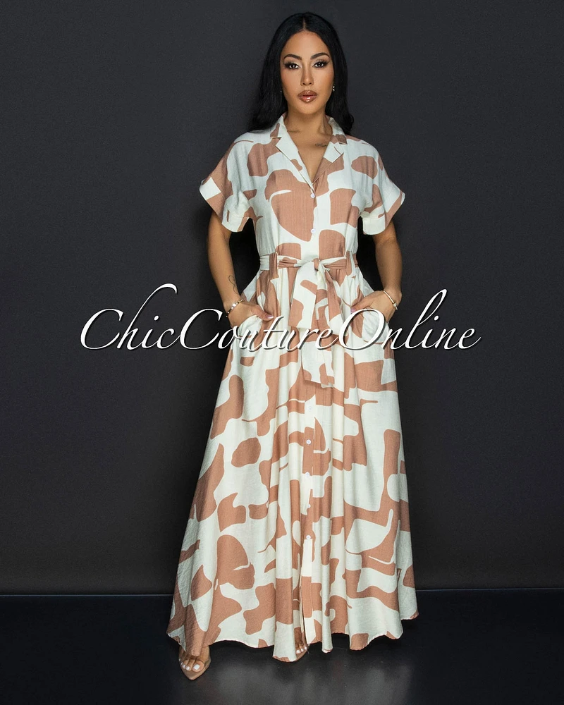 Fia Beige Nude Print Collared Maxi Dress