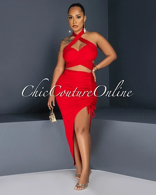 Reeda Red Crop Top & Ruched Slit Skirt Set