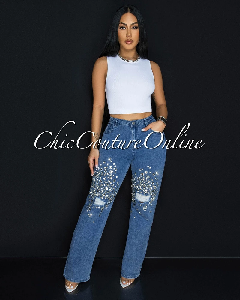 Supernova Blue Denim Rhinestones Accent Jeans