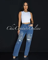 Supernova Blue Denim Rhinestones Accent Jeans