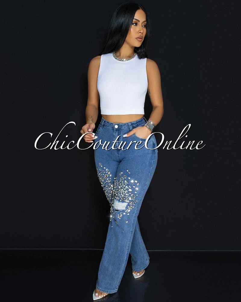 Supernova Blue Denim Rhinestones Accent Jeans