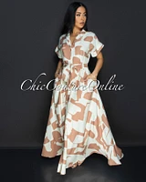 Fia Beige Nude Print Collared Maxi Dress