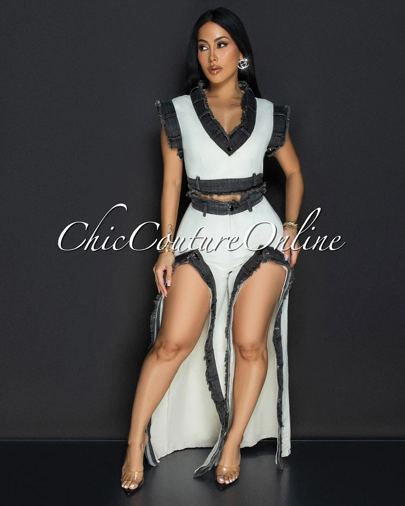 Sophina Cream Black Denim Trim Slit Legs Pants Set