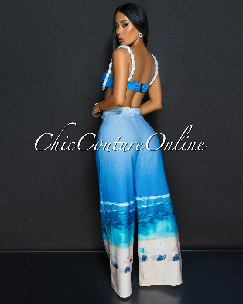 Cielo Blue White Bustier & Wide Legs Pants Set