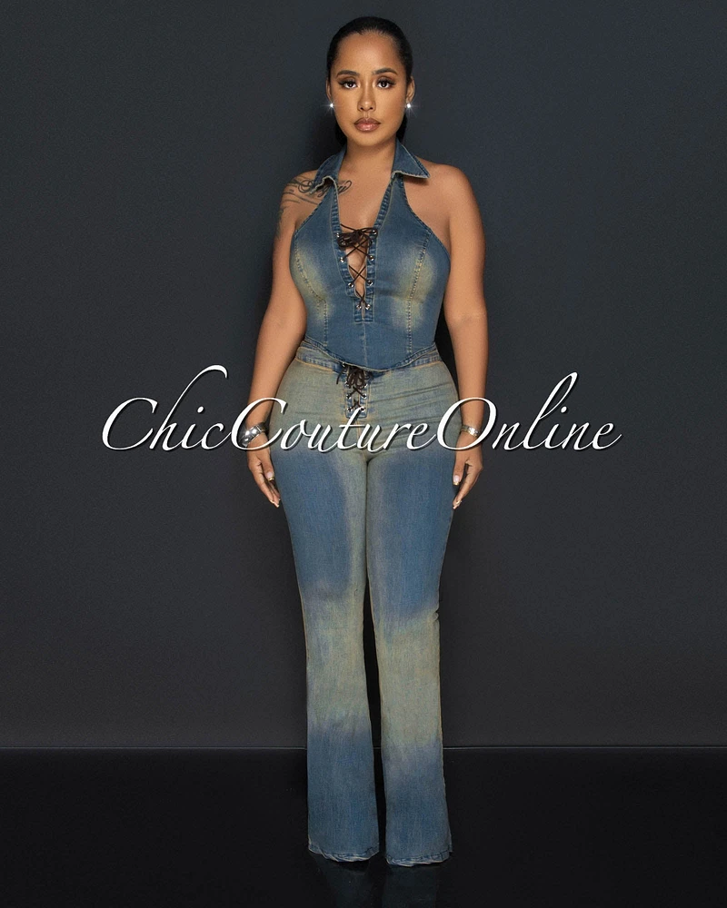 Destiny Dark Blue Brown Halter Top & Lace-Up Jeans Set