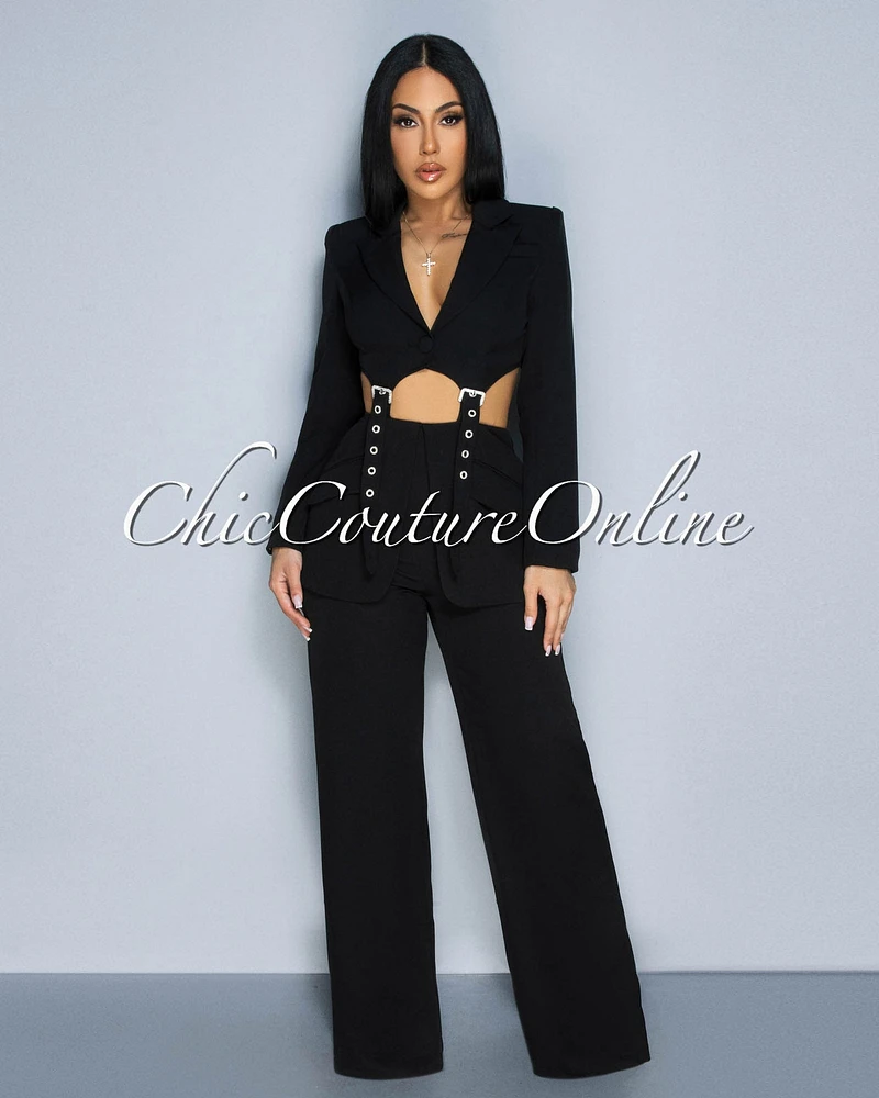 *Wendy Black Crop Blazer Top & Ruffle Pants Set