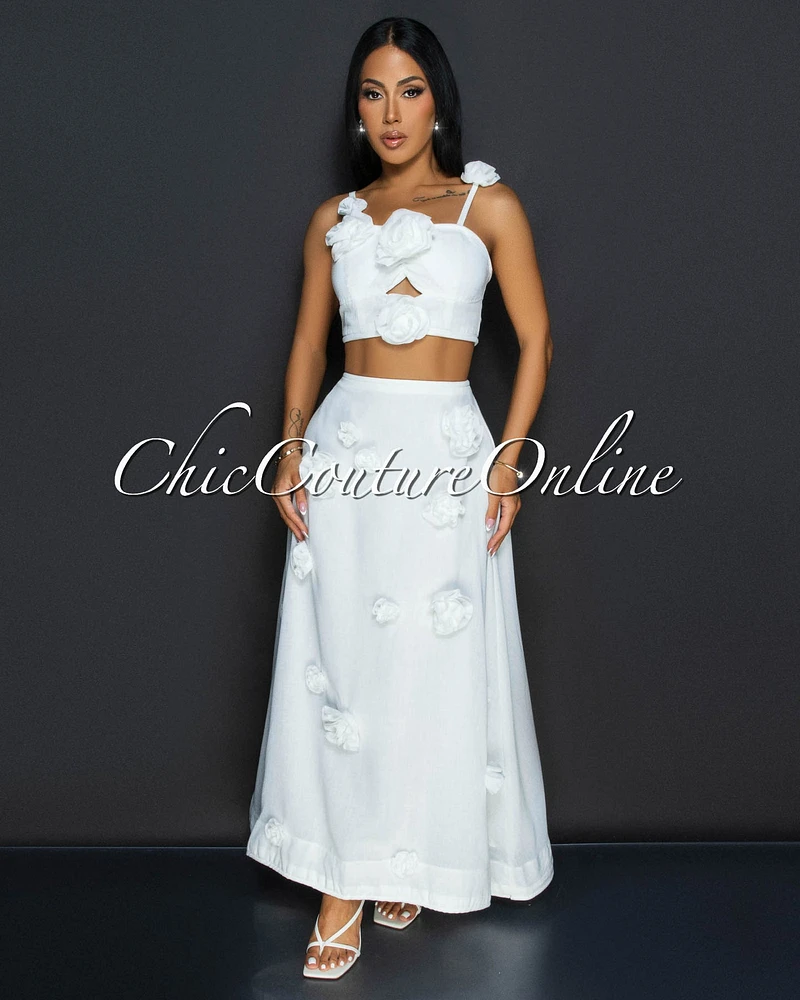 Chiara White Flower Bustier & Maxi Skirt Set