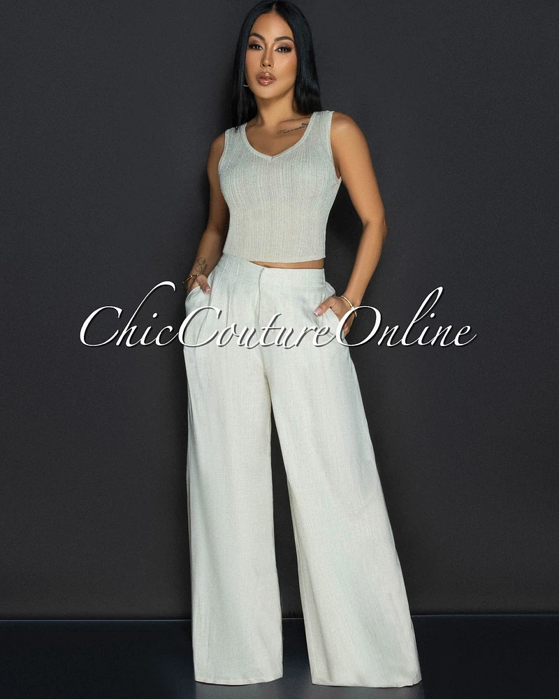 Navita Nude Knit Crop Top & Linen Pants Set