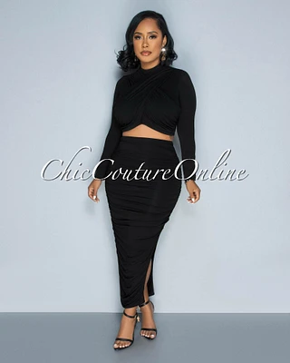 Morah Black Draped Crop Top & Maxi Skirt Set