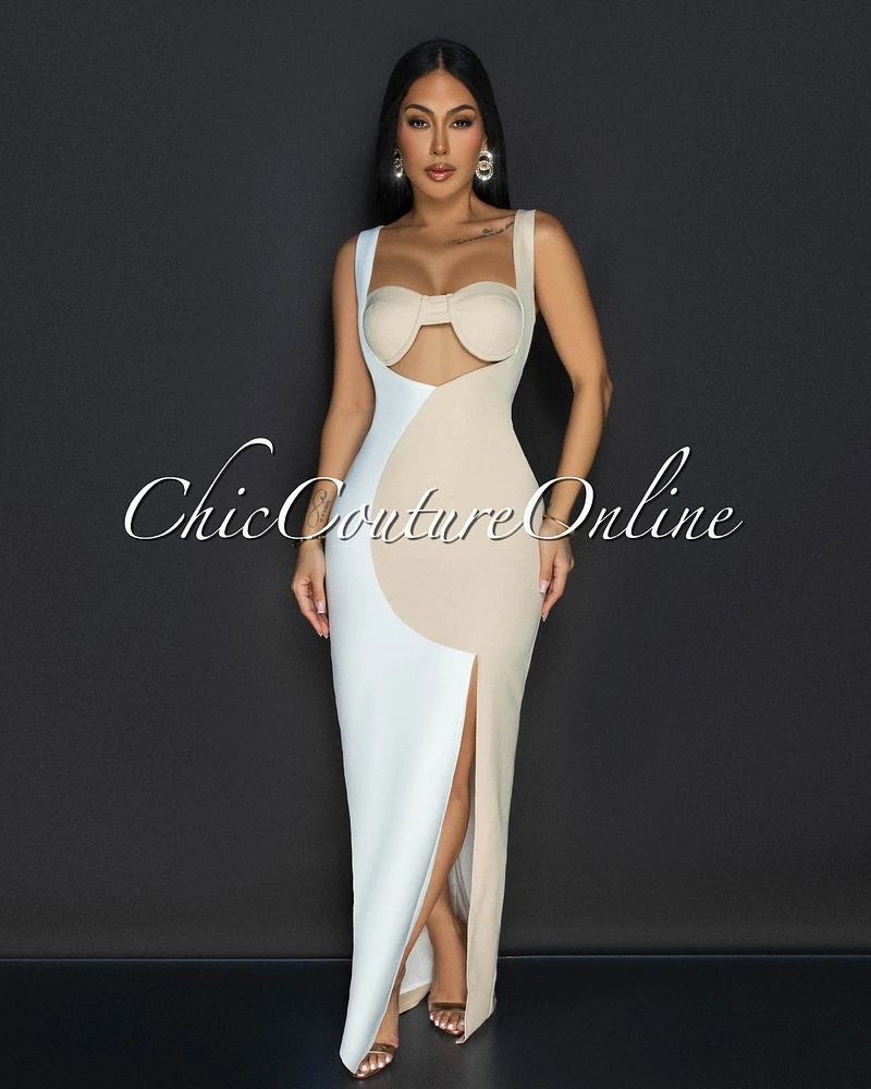 Rosina Nude White Sleeveless Cut Out Maxi Dress