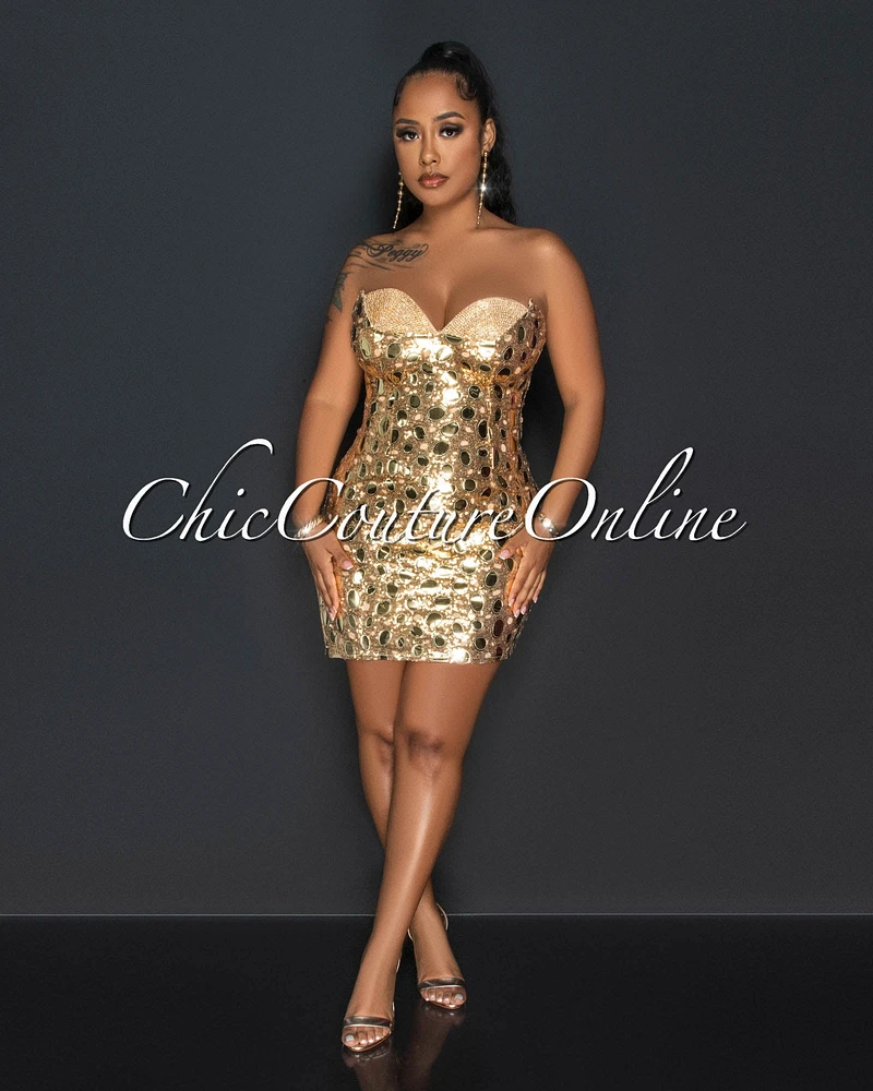 Esvett Gold Sequins Rhinestones Bust Mini Dress