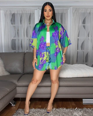 Gigi Green Multi-Color Floral Print Silky Shorts Set